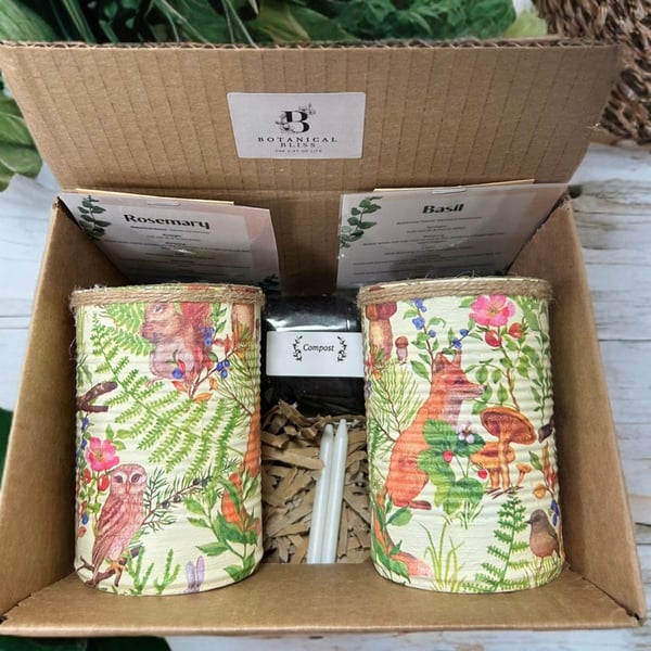 Grow your own herbs gift set indoor house planters sage green woodland animal 