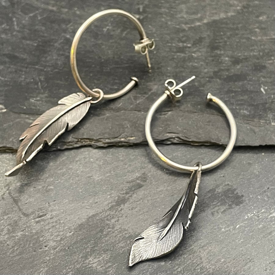 Sterling Silver Oxidised Earrings-Hanging Boho Feather Hoops