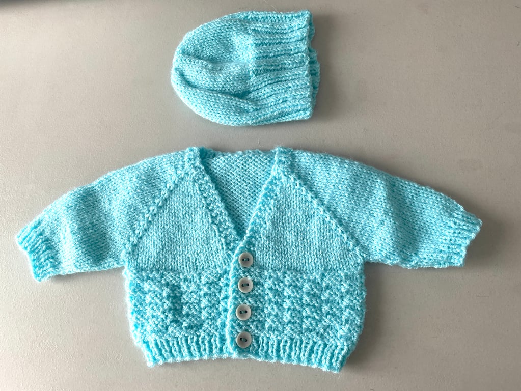 Hand Knitted Blue baby jacket and hat 0-3 months