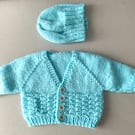 Hand Knitted Blue baby jacket and hat 0-3 months