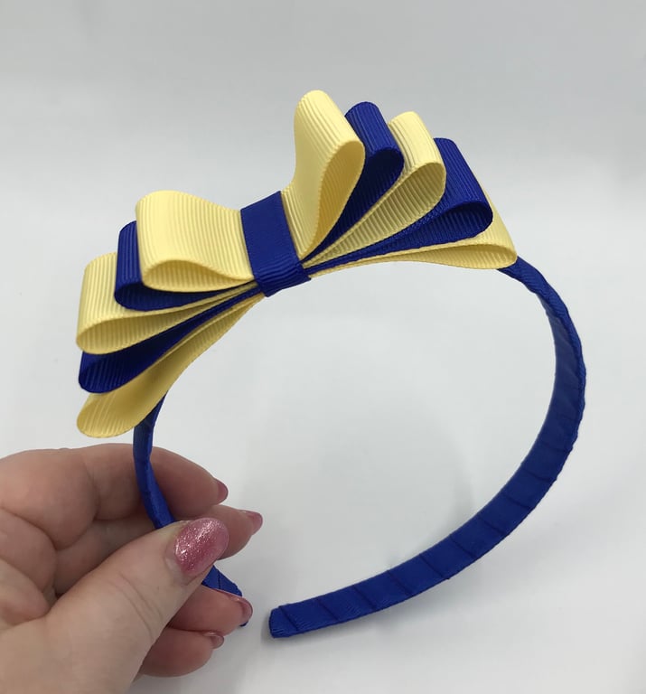 Cobalt Hairband with 5 Layer Cobalt Blue and Pale Yellow Two-tone Straight Bow