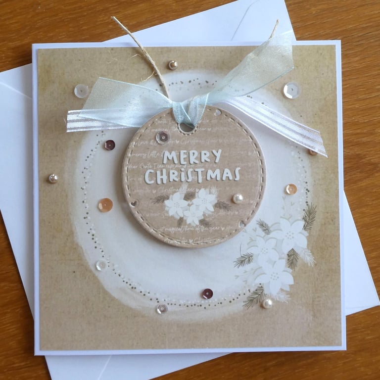 Christmas Card - Wreath With Cream Poinsettias- Merry Christmas