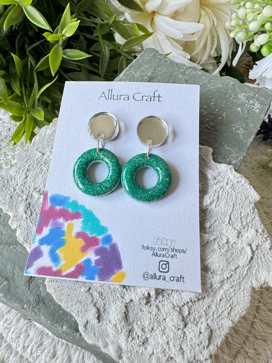 Mirrored Silver and Emerald Glitter Earrings 