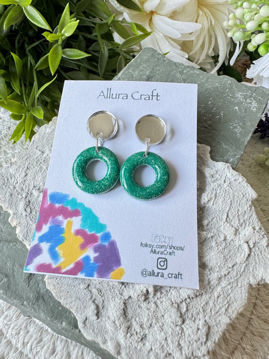 Mirrored Silver and Emerald Glitter Earrings