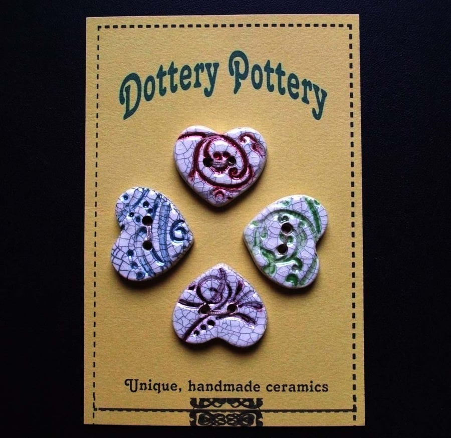 set of four crackled ceramic heart buttons