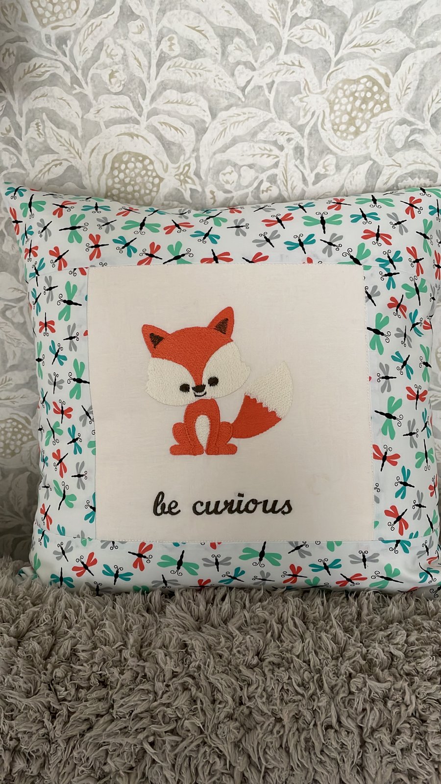 Handmade Embroidered Cushion with Cute Fox Motif and Be curious quote