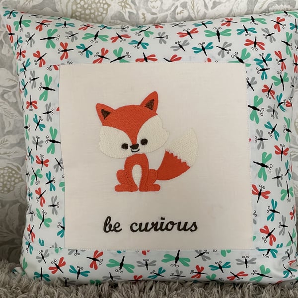 Handmade Embroidered Cushion with Cute Fox Motif and Be curious quote