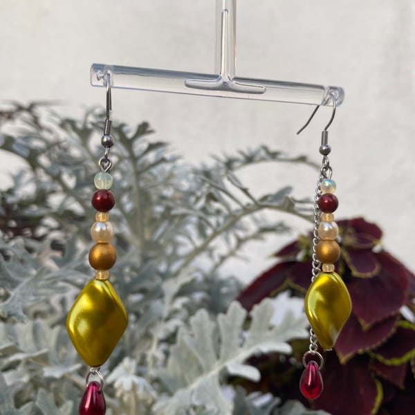 Jean - Unusual Burgundy & Chartreuse Earrings