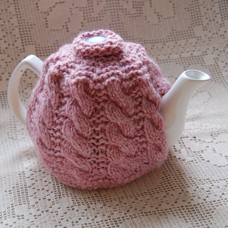 Large tea cosy cable design in pink wool mix yarn hand knitted tea cosy 