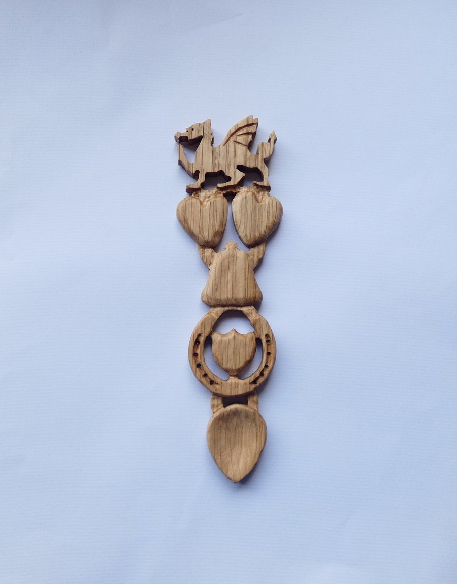 Traditional Handcarved Oak Welsh Dragon Love Spoon