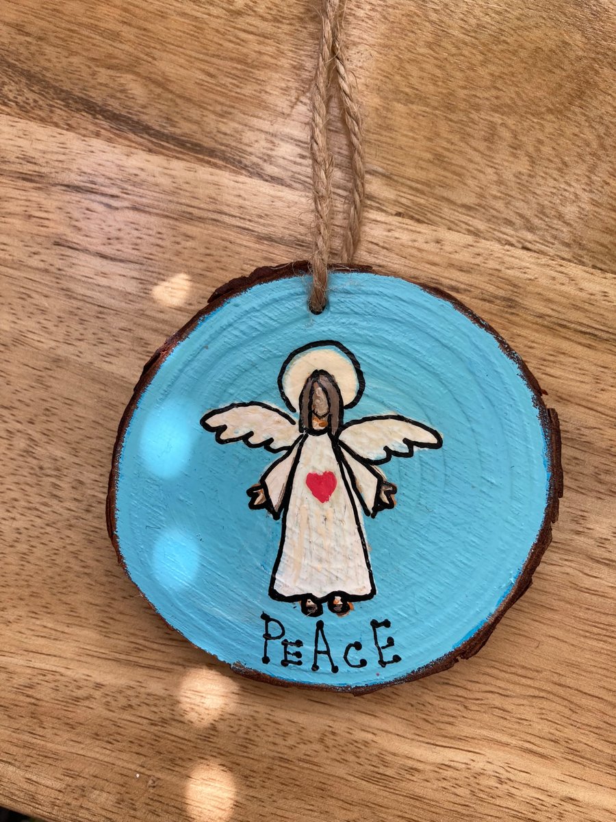 Little Angel Of Peace Original Painting On Wood Slice Hanging Decoration