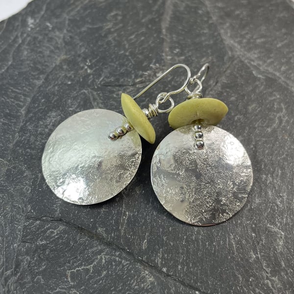 Large round silver and cream glass earrings 