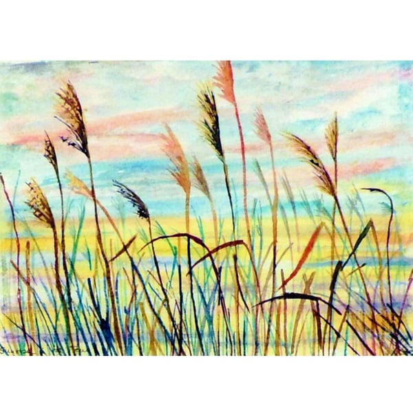 Small Landscape Original Watercolour Fen Reeds at Sunrise