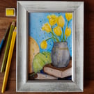 Yellow tulips, books and yarn - framed original artwork