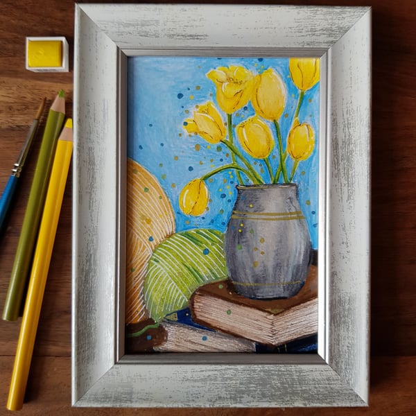 Yellow tulips, books and yarn - framed original artwork