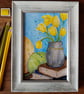 Yellow tulips, books and yarn - framed original artwork