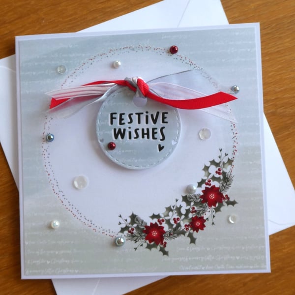 Festive Wishes Christmas Card - Wreath With Poinsettias - Red and Eau de Nil