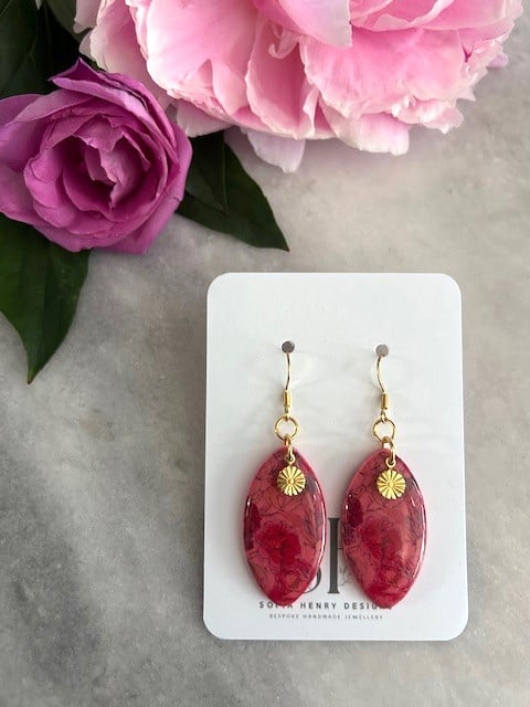 Pink Floral Print Handmade Polymer Clay Dangle Earrings Hypoallergenic Hooks
