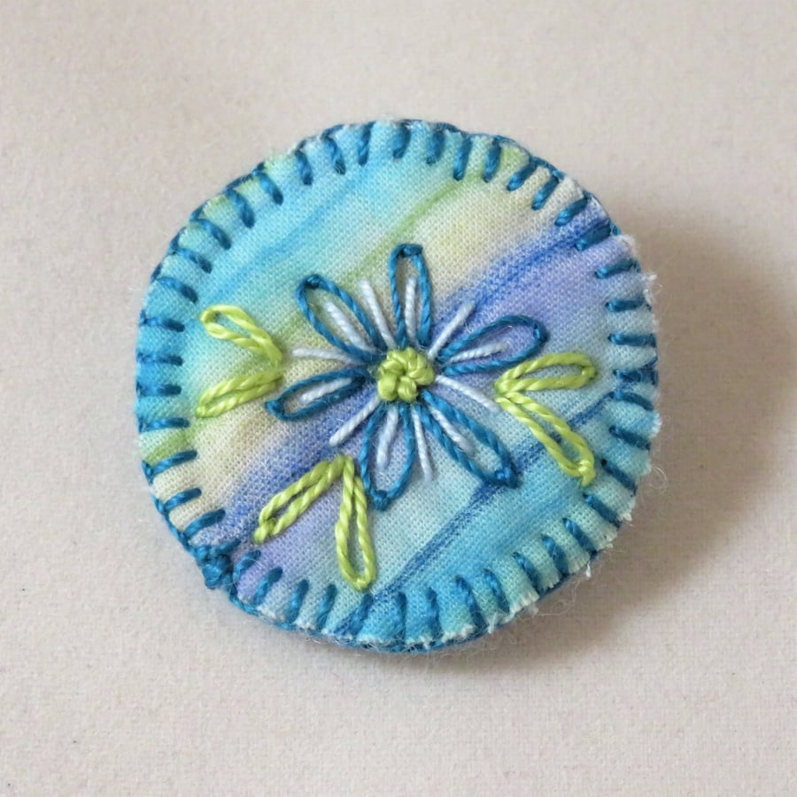 Simple Flower Badge Style brooch hand stitched on hand painted background