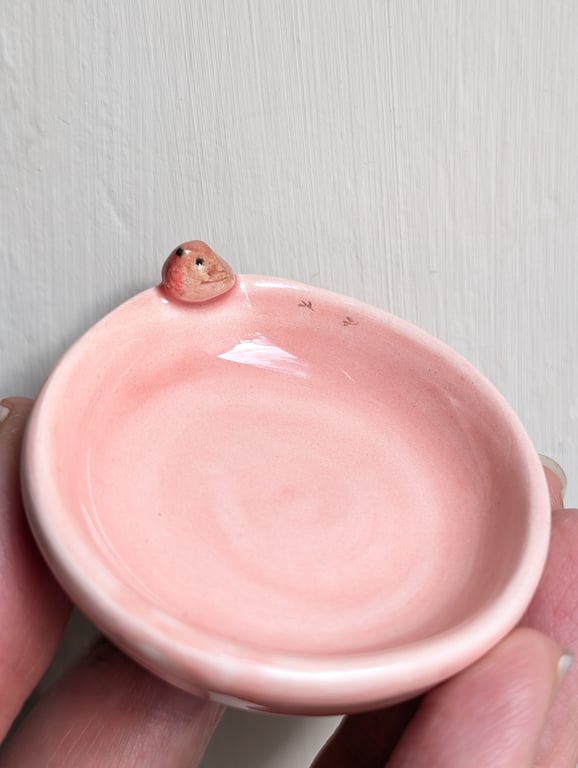 Pink ceramic tealight robin & birdprints handmade pottery candle holder 