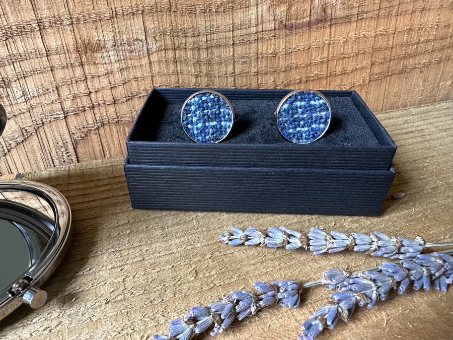 Cufflinks in Hand Dyed & Woven British Wool Blue & Grey Check, Fathers Day Gift