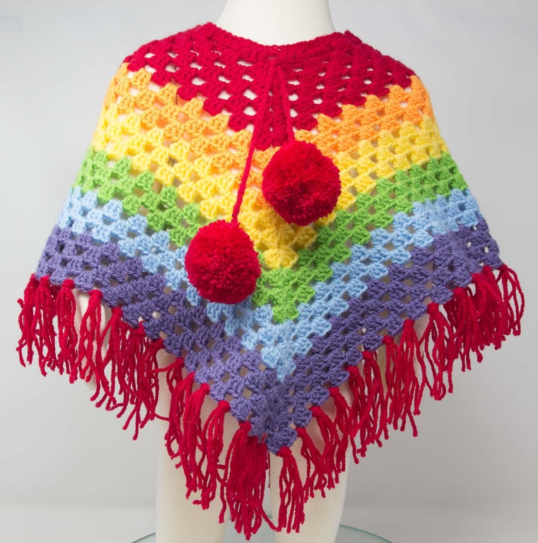 Hand Crocheted Rainbow Stripe Poncho  1 - 2 years
