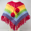 Hand Crocheted Rainbow Stripe Poncho  1 - 2 years