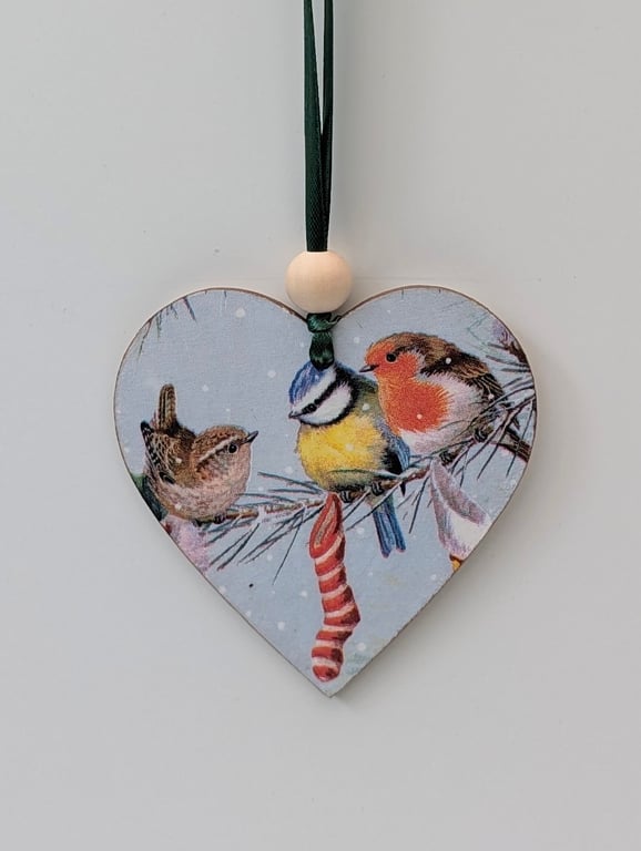 Christmas Wooden heart hanging decoration featuring a robin, bluetit and wren