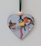 Christmas Wooden heart hanging decoration featuring a robin, bluetit and wren