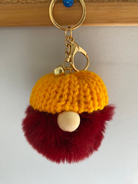 Burgundy Faux Fur Pom-Pom Gonk Keyring with Yellow Hand Knitted Hat