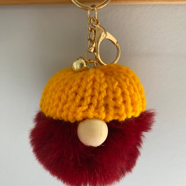 Burgundy Faux Fur Pom-Pom Gonk Keyring with Yellow Hand Knitted Hat