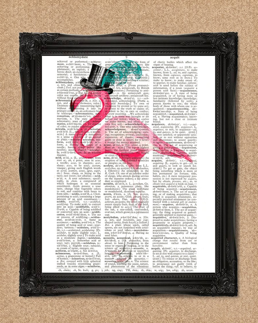 FLAMINGO DICTIONARY PRINT bird in a feather hat art A170D