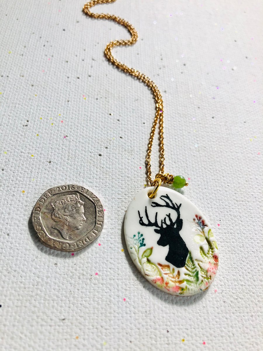 Stag hiding in the ferns porcelain pendant 