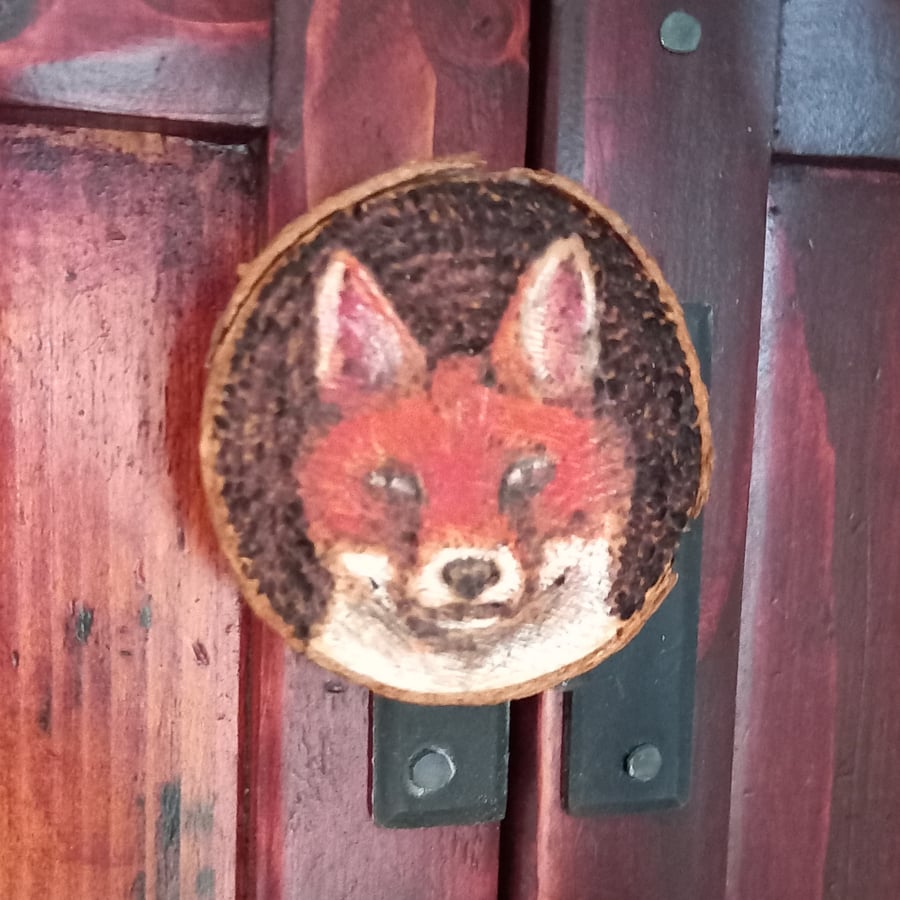 Fox pyrography wood slice magnet