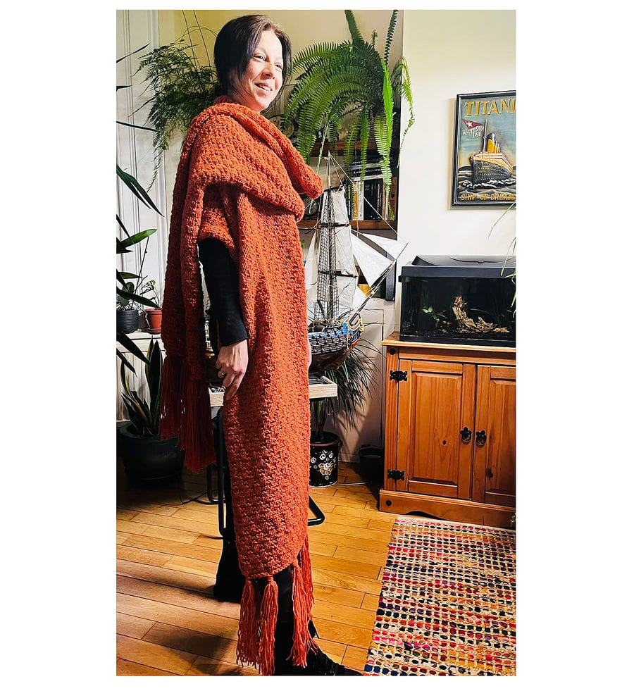 Knitted burnt orange huge rectangular shawl