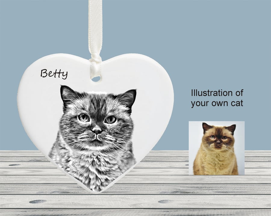 Personalised Cat Illustration Christmas Tree Heart Decoration - Cat Owner Gift