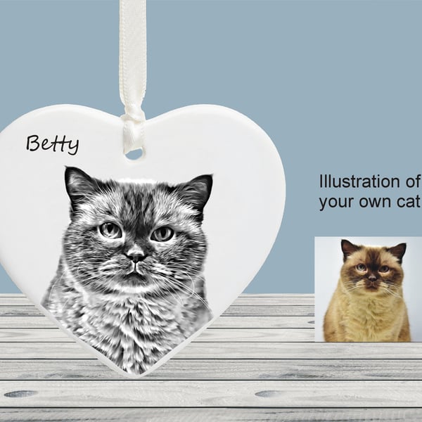 Personalised Cat Illustration Christmas Tree Heart Decoration - Cat Owner Gift