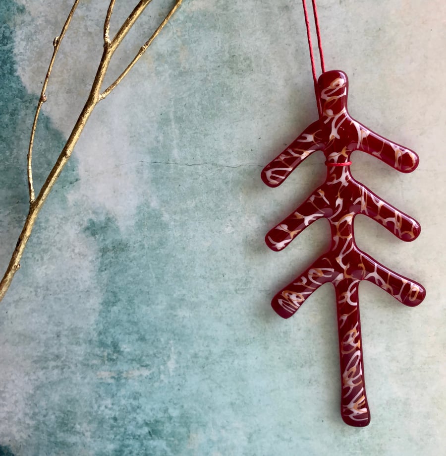 Fused Glass Christmas 13cm Tree Festive red handmade recycled glass large 