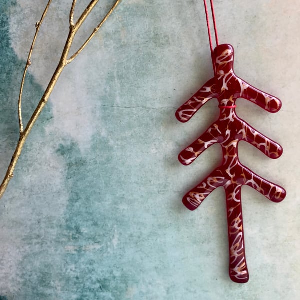 Fused Glass Christmas 13cm Tree Festive red handmade recycled glass large 