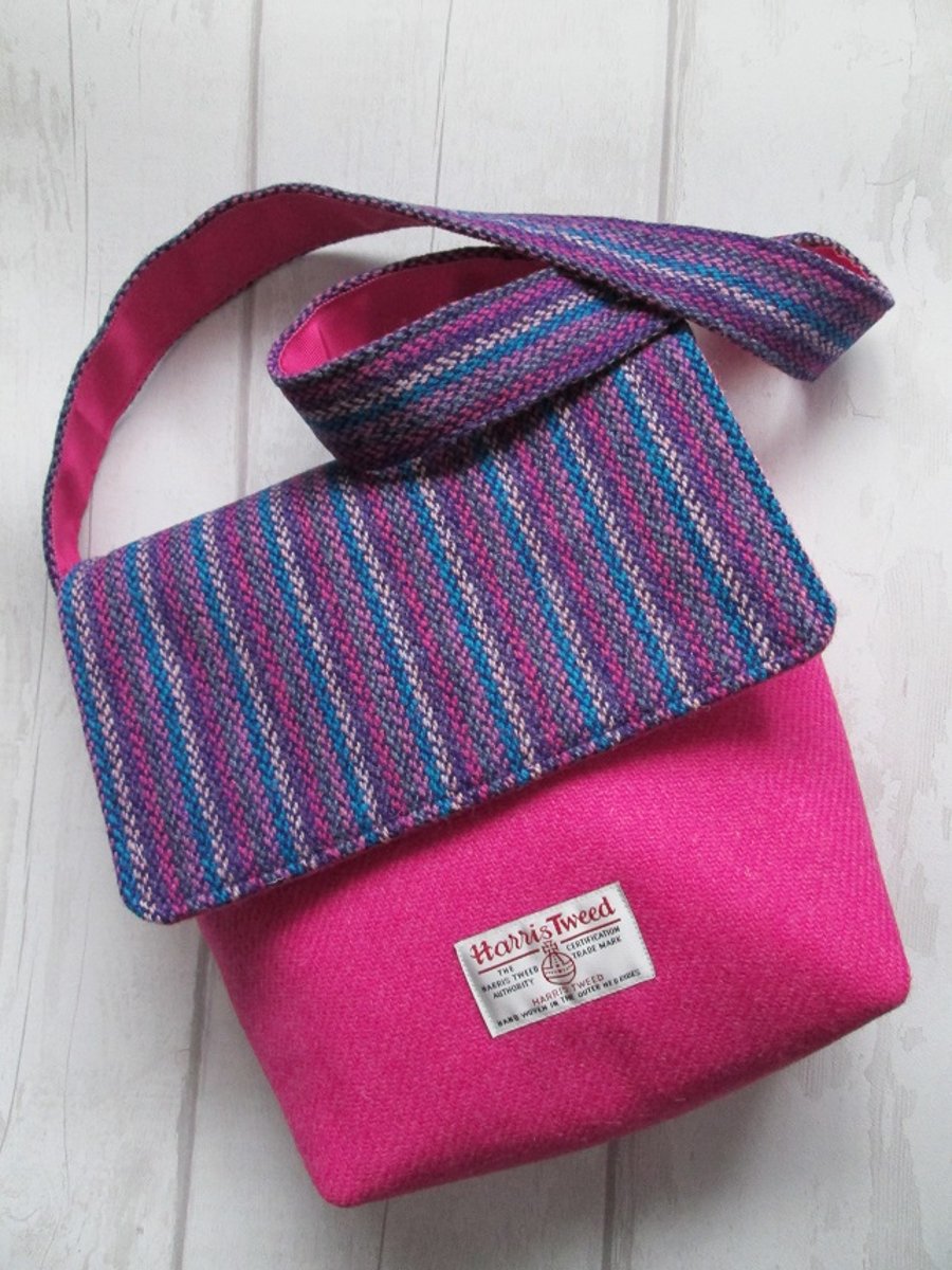 SOLD - Hot Pink 'Harris Tweed' Bag with Striped Flap and Strap