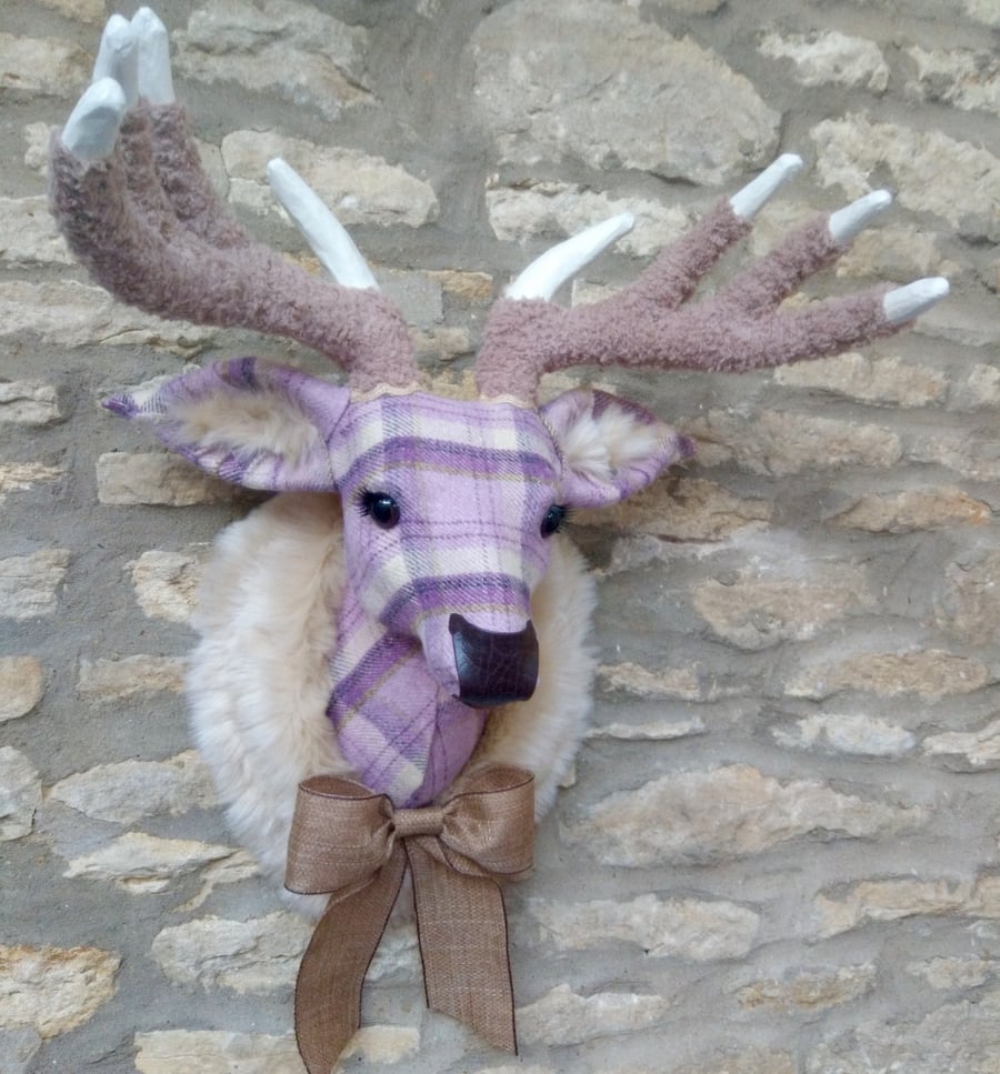 Handmade faux taxidermy lavender & Lilac plaid check stag wall mount animal head