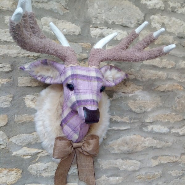 Handmade faux taxidermy lavender & Lilac plaid check stag wall mount animal head