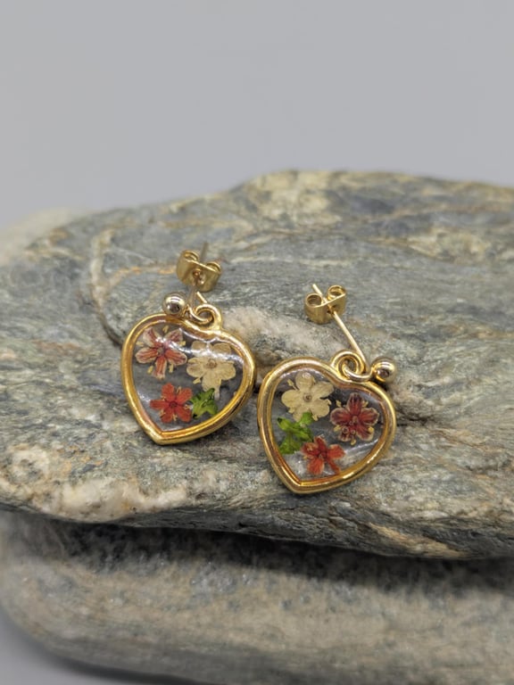 Heart Stud Earrings, Real Flower Earrings, Flower Studs, Cottagecore Jewellery