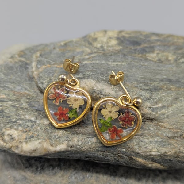 Heart Stud Earrings, Real Flower Earrings, Flower Studs, Cottagecore Jewellery