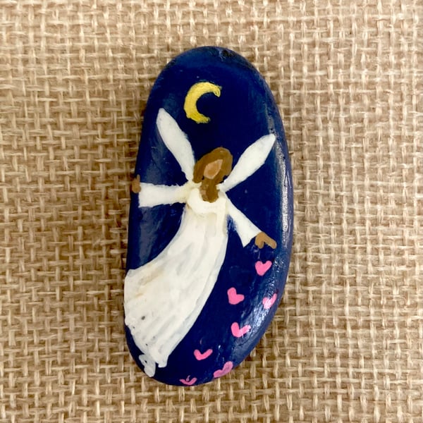 Pocket Guardian Angel & Hearts Painted Stone Rock Art Mindful Reiki Gift