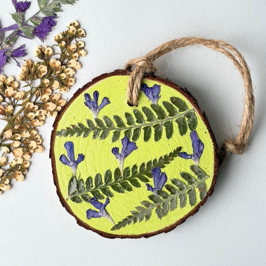 Real Pressed Flower, Ferns, Hand Painted Wood Slice Hanging Decoration