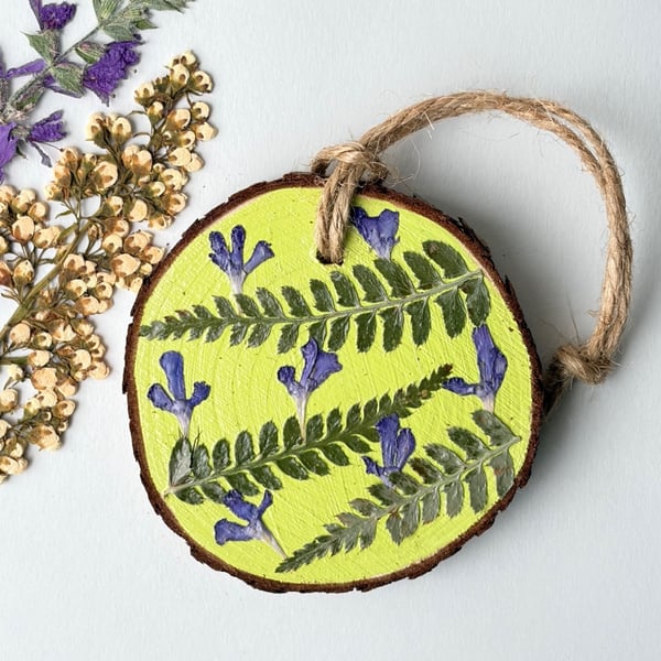 Real Pressed Flower, Ferns, Hand Painted Wood Slice Hanging Decoration