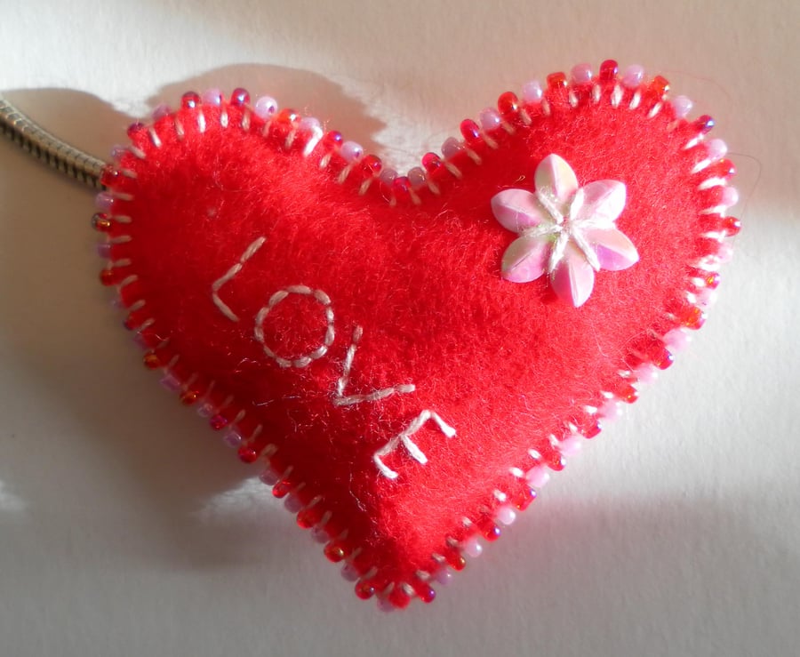  Red Felt Heart Keyring, hand embroidered and beaded