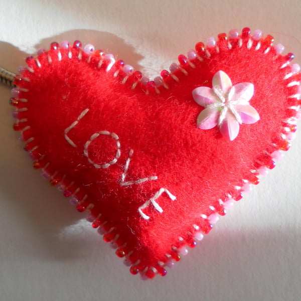  Red Felt Heart Keyring, hand embroidered and beaded