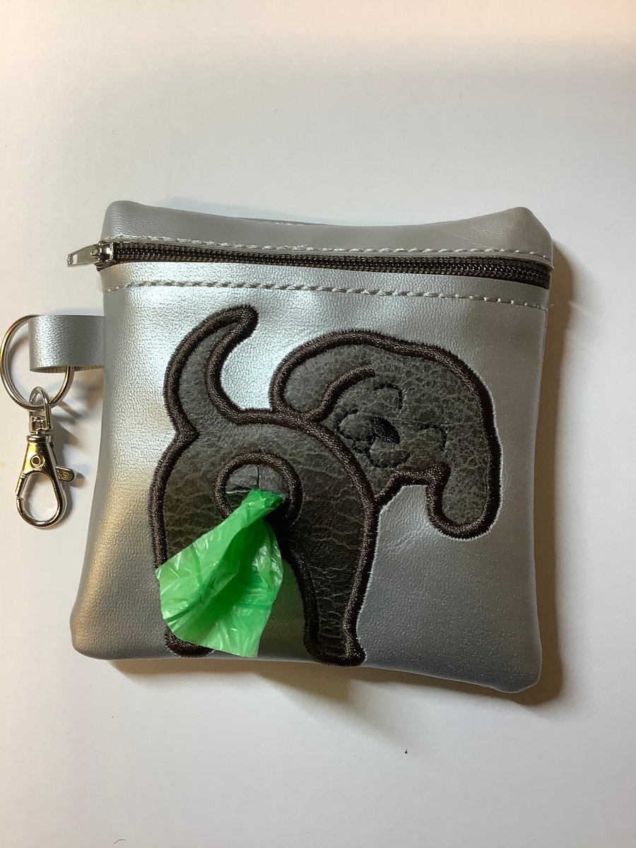 Lovely  Chocolate Lab Embroidered Silver faux leather dog poo bag dispenser,